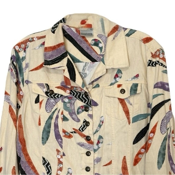 Chico’s Abstract Print Button Front Jacket Linen Cotton Blend Size 2 (L/12) - Picture 5 of 8